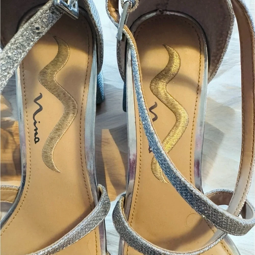 Nina Block Heels Sandals Womens 6.5 Silver Open Toe Ankle Strap Wedding Party